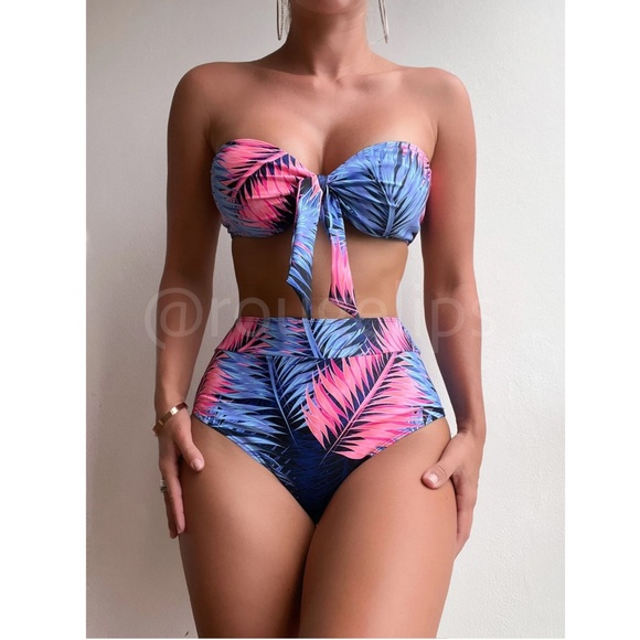 Tropical Print Blue Pink 3 Piece Swim Set Kimono Bandeau Top + Bottoms - Picture 4 of 7